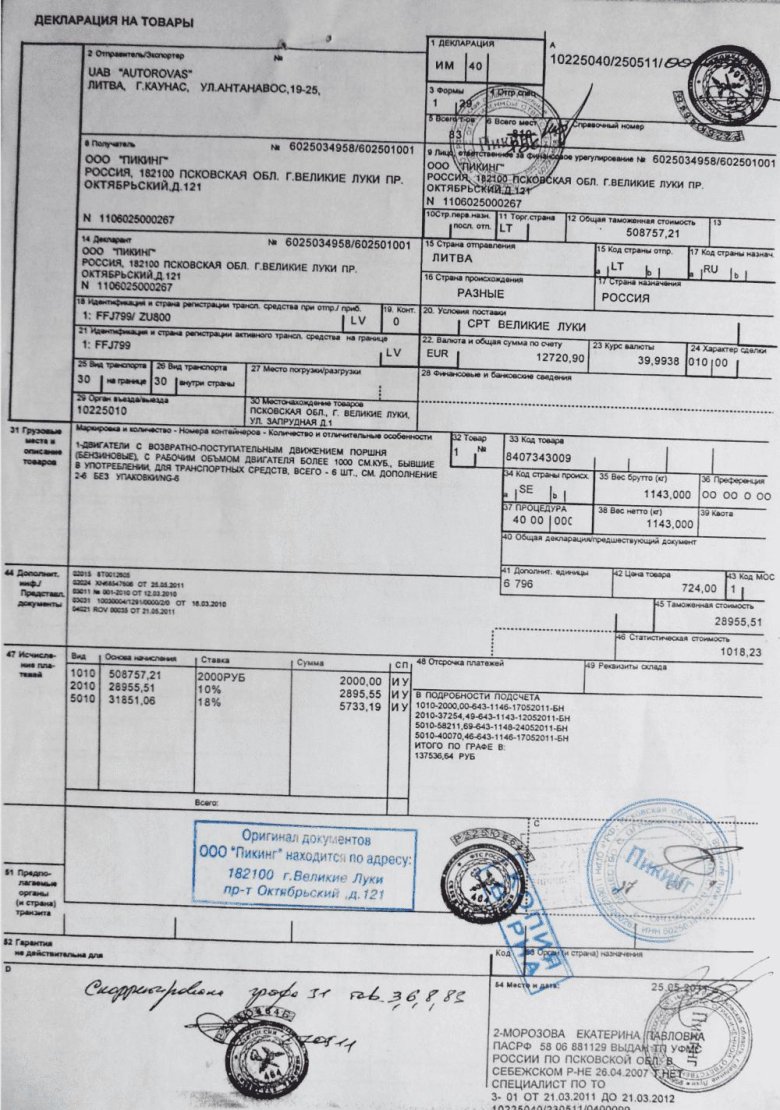 Государственная таможенная декларация на автомобиль
