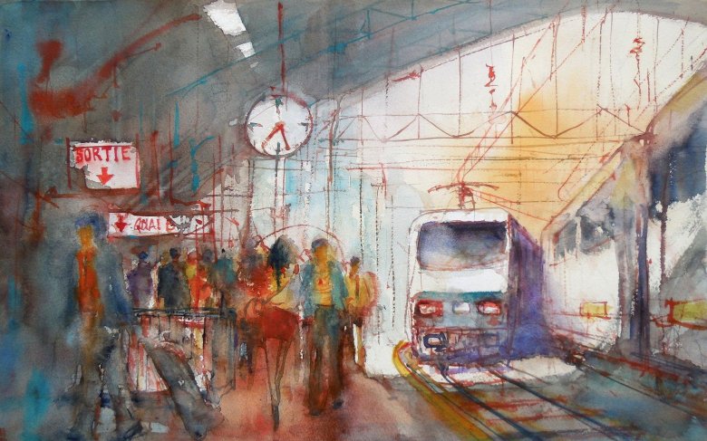 Поезд акварель