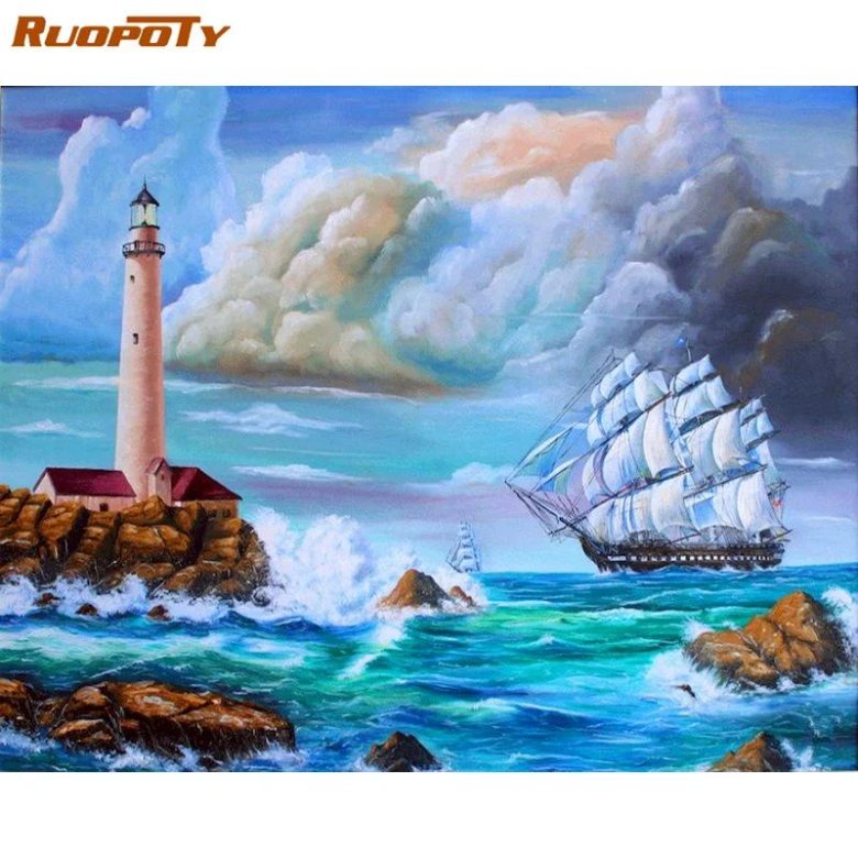 Алмазная мозаика маяк и парусник