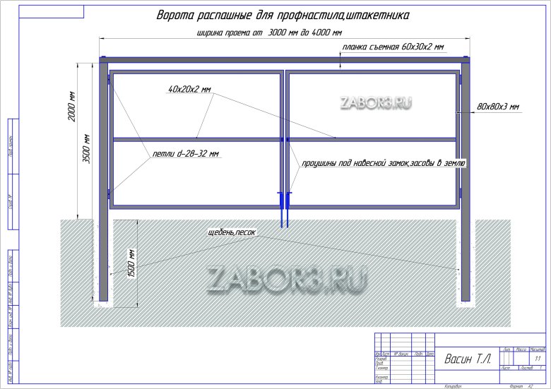 Распашные ворота 5 метров чертеж