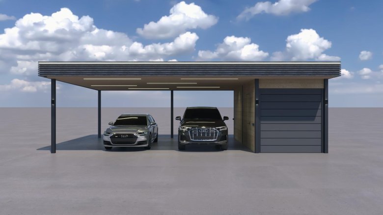 Современный навес для машины с плоской крышей