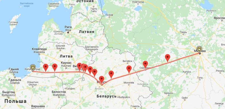 Маршрут поезда москва калининград на карте