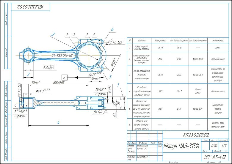 Шатун двигателя ЗМЗ 402 чертеж